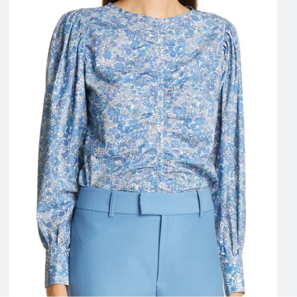 Smythe Wo Ruched Blouse Blue Floral Keyhole Button Back - Picture 2 of 6